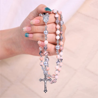 AMUSOUL Natural Stone & Pearl Miraculous Medal Prayer Rosary