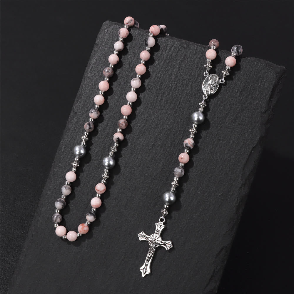 AMUSOUL Natural Stone & Pearl Miraculous Medal Prayer Rosary