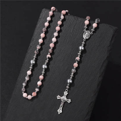 AMUSOUL Natural Stone & Pearl Miraculous Medal Prayer Rosary