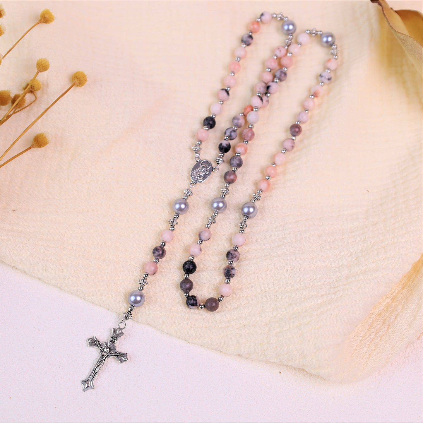 AMUSOUL Natural Stone & Pearl Miraculous Medal Prayer Rosary