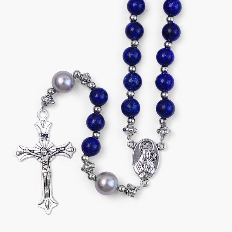 AMUSOUL Natural Stone & Pearl Miraculous Medal Prayer Rosary