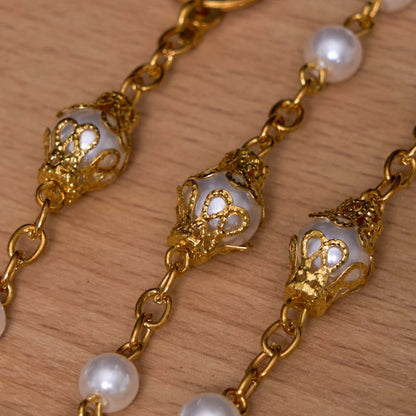 AMUSOUL St. Benedict Medal & Crucifix of 6 mm Round White Pearl Alloy Chain Rosary
