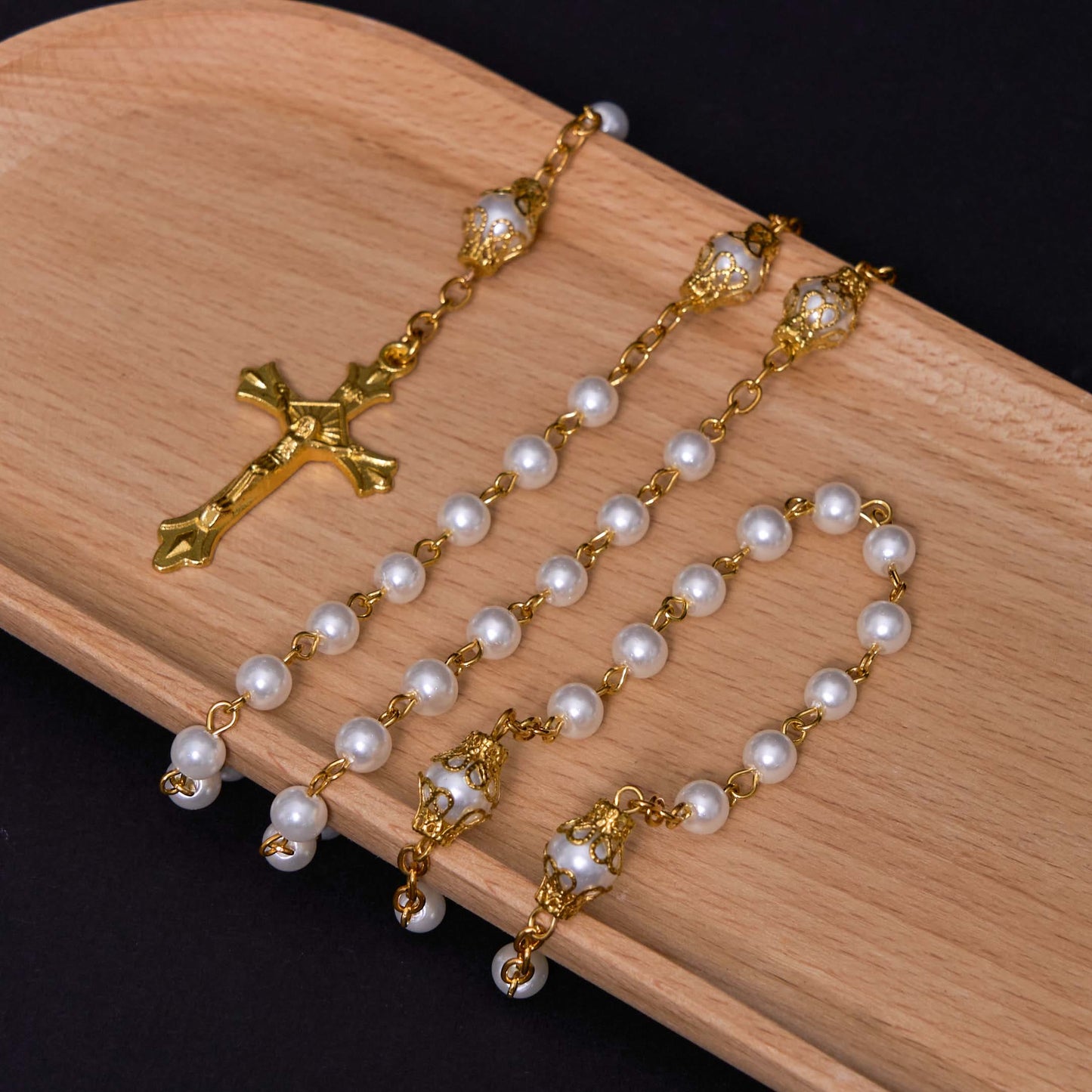 AMUSOUL St. Benedict Medal & Crucifix of 6 mm Round White Pearl Alloy Chain Rosary