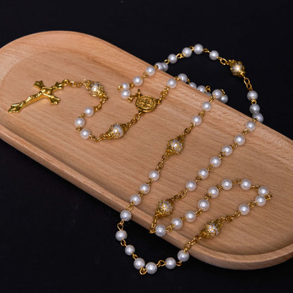 AMUSOUL St. Benedict Medal & Crucifix of 6 mm Round White Pearl Alloy Chain Rosary
