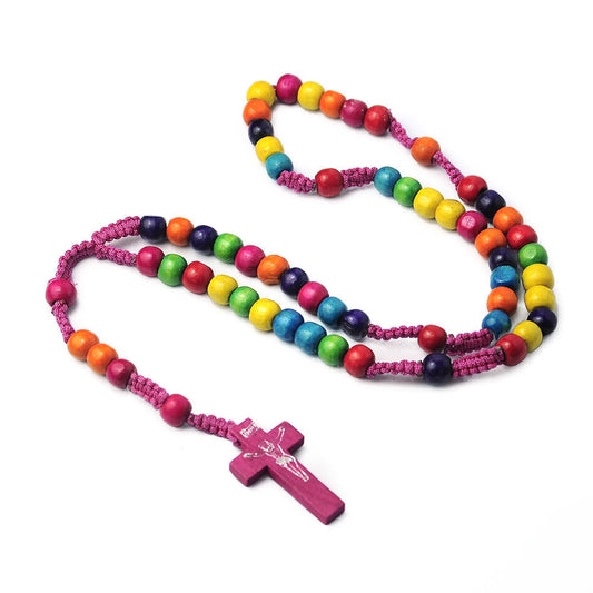AMUSOUL Crucifix of 8 mm Round Multicolor Wood Nylon Cord Rosary