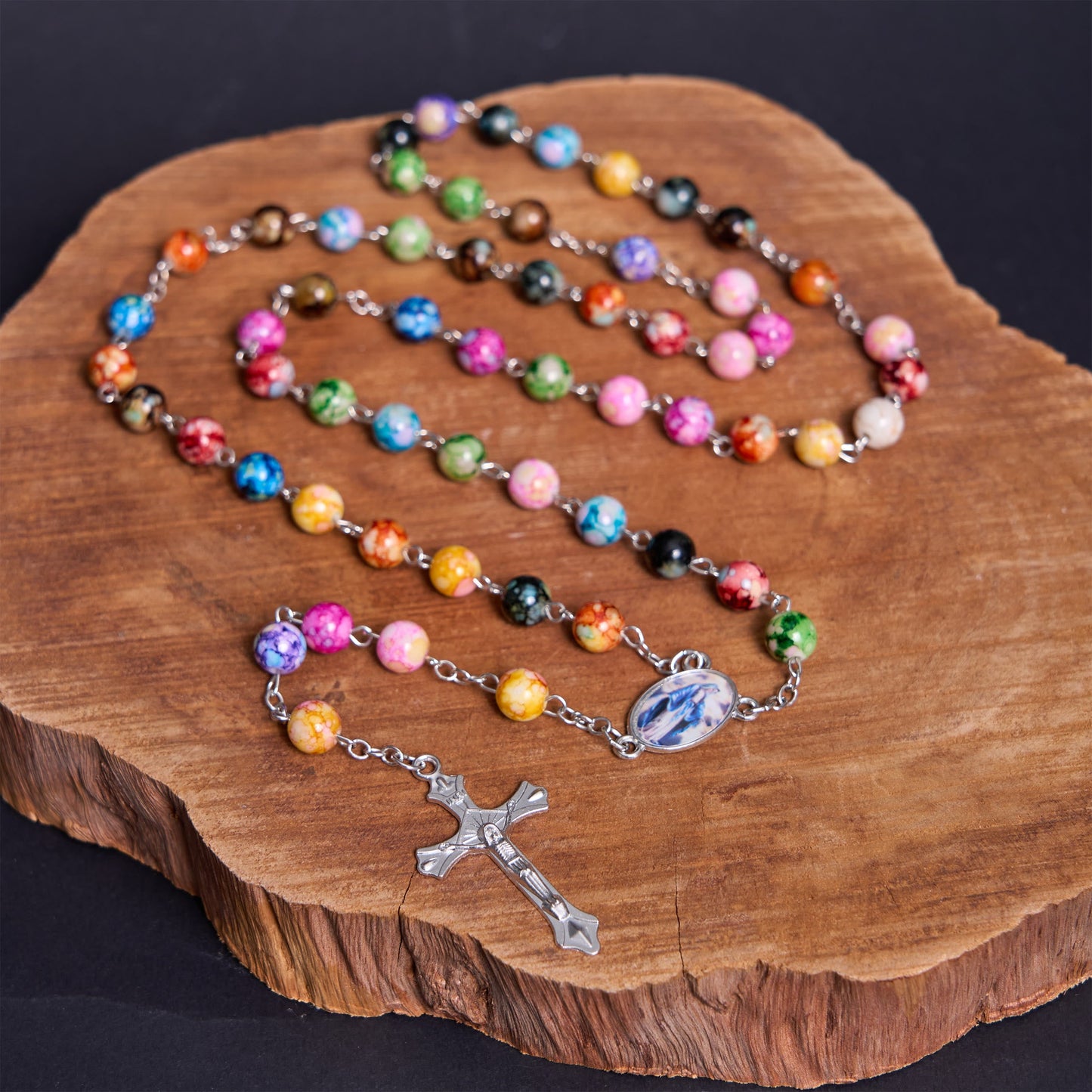 AMUSOUL  Assumption of Our Lady & Crucifix of 8 mm Round Multicolor Acrylic Alloy Chain Rosary