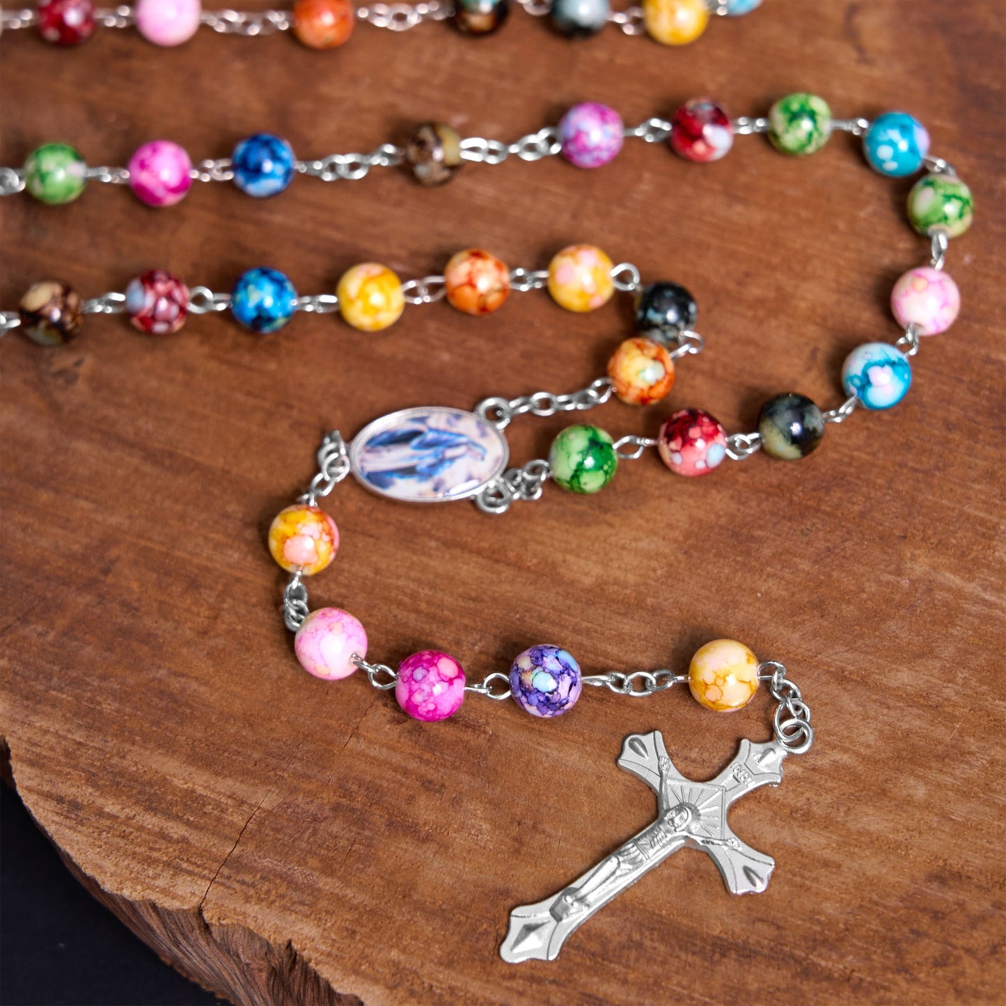 AMUSOUL  Assumption of Our Lady & Crucifix of 8 mm Round Multicolor Acrylic Alloy Chain Rosary