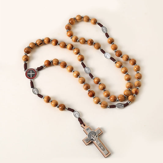 AMUSOUL  Miraculous Medal & St. Benedict Medal & Crucifix of 10 mm Round Brown Wood Nylon Cord Rosary
