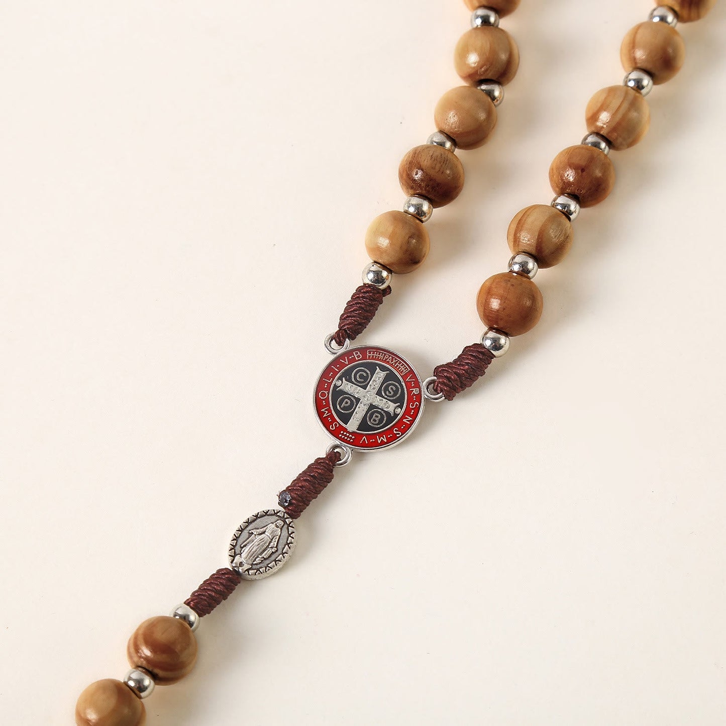 AMUSOUL  Miraculous Medal & St. Benedict Medal & Crucifix of 10 mm Round Brown Wood Nylon Cord Rosary