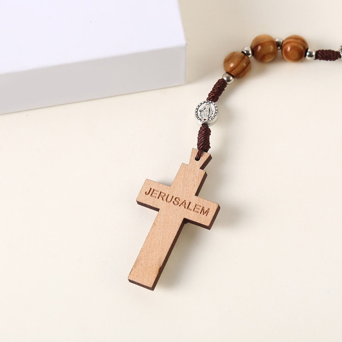 AMUSOUL  Miraculous Medal & St. Benedict Medal & Crucifix of 10 mm Round Brown Wood Nylon Cord Rosary