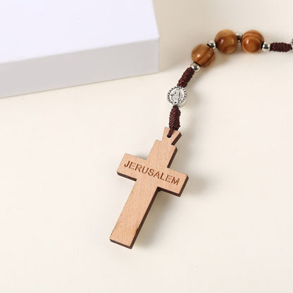 AMUSOUL  Miraculous Medal & St. Benedict Medal & Crucifix of 10 mm Round Brown Wood Nylon Cord Rosary