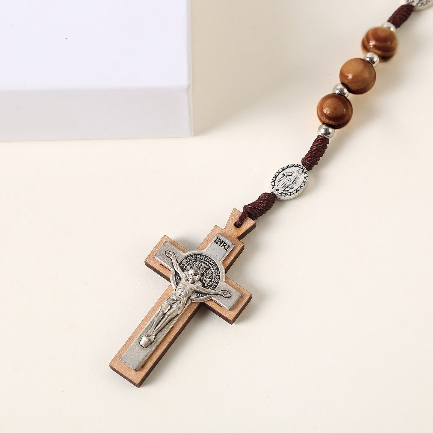 AMUSOUL  Miraculous Medal & St. Benedict Medal & Crucifix of 10 mm Round Brown Wood Nylon Cord Rosary