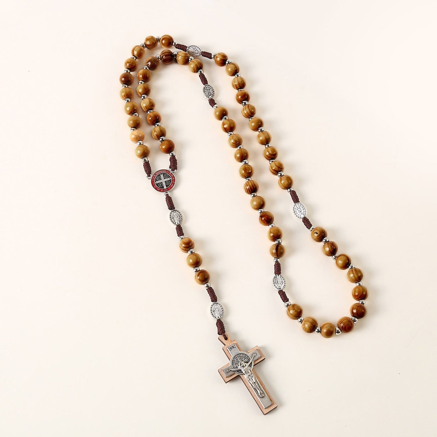 AMUSOUL  Miraculous Medal & St. Benedict Medal & Crucifix of 10 mm Round Brown Wood Nylon Cord Rosary