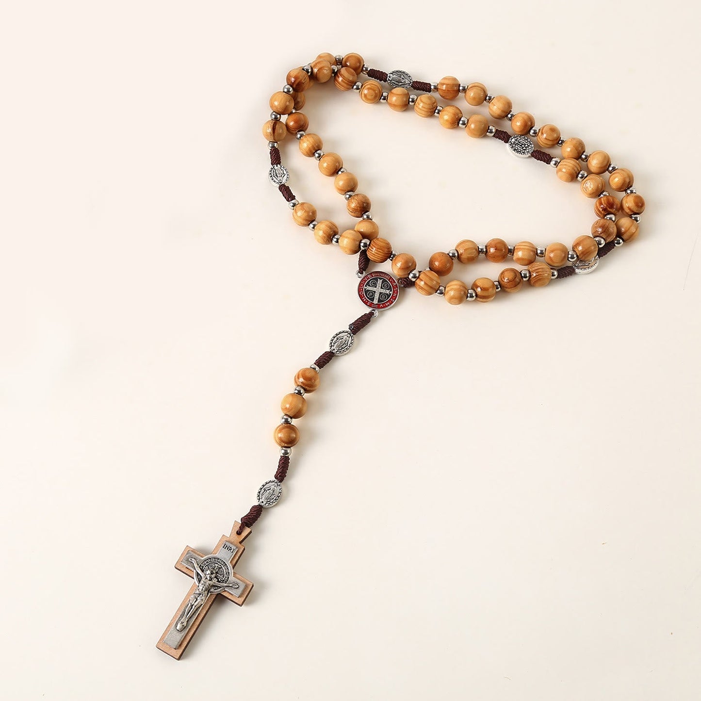 AMUSOUL  Miraculous Medal & St. Benedict Medal & Crucifix of 10 mm Round Brown Wood Nylon Cord Rosary