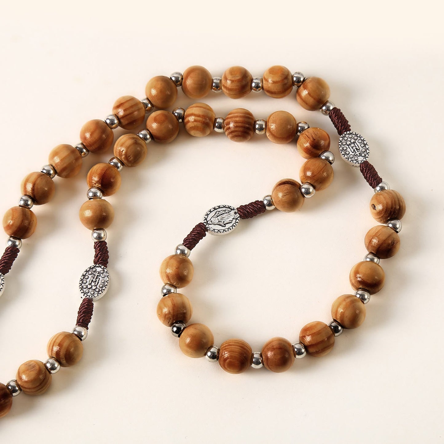 AMUSOUL  Miraculous Medal & St. Benedict Medal & Crucifix of 10 mm Round Brown Wood Nylon Cord Rosary