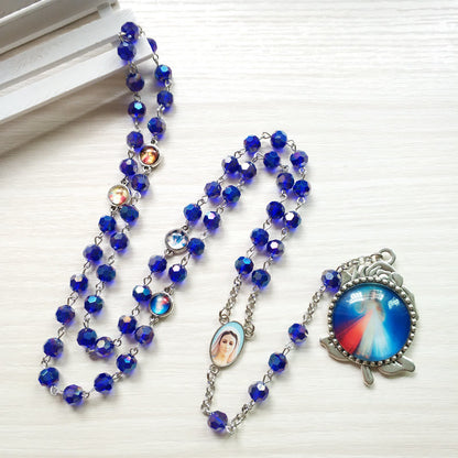 AMUSOUL Our Lady of Fátima & Sacred Heart of Jesus of 6 mm Polyhedron Blue Crystal Alloy Chain Rosary