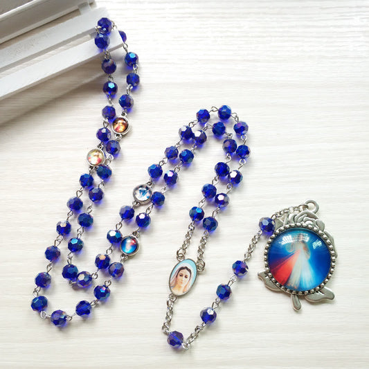 AMUSOUL Our Lady of Fátima & Sacred Heart of Jesus of 6 mm Polyhedron Blue Crystal Alloy Chain Rosary