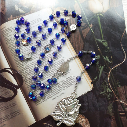 AMUSOUL Our Lady of Fátima & Sacred Heart of Jesus of 6 mm Polyhedron Blue Crystal Alloy Chain Rosary