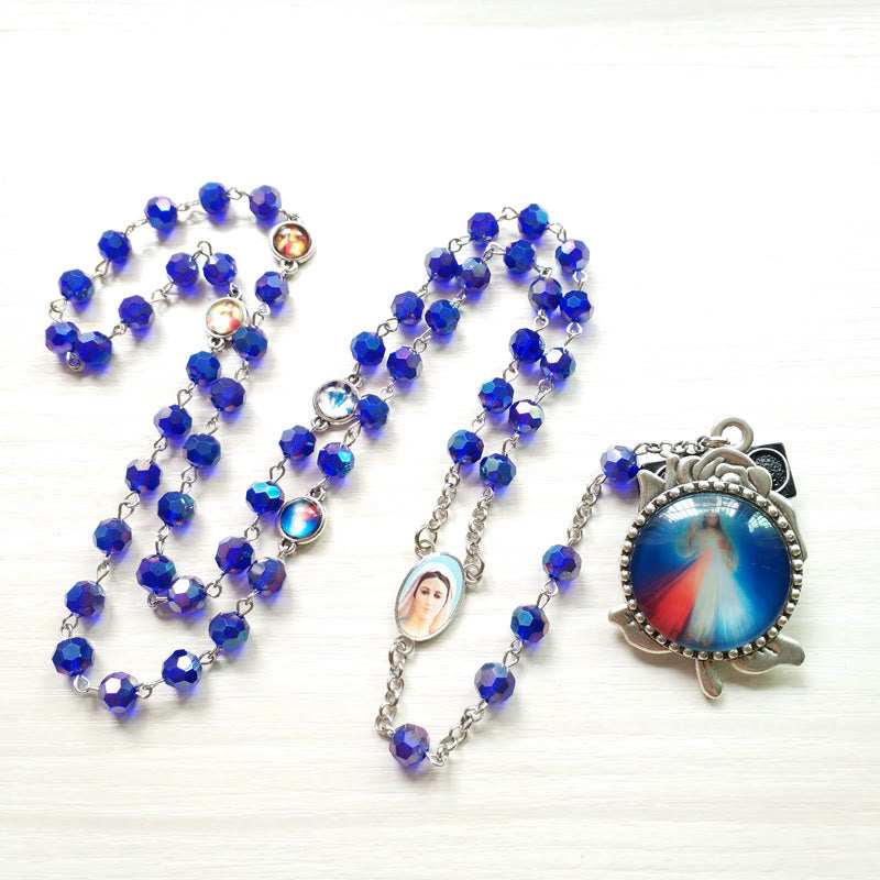 AMUSOUL Our Lady of Fátima & Sacred Heart of Jesus of 6 mm Polyhedron Blue Crystal Alloy Chain Rosary