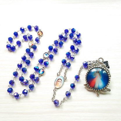 AMUSOUL Our Lady of Fátima & Sacred Heart of Jesus of 6 mm Polyhedron Blue Crystal Alloy Chain Rosary
