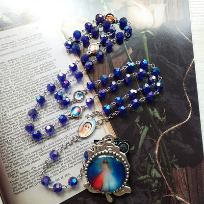 AMUSOUL Our Lady of Fátima & Sacred Heart of Jesus of 6 mm Polyhedron Blue Crystal Alloy Chain Rosary
