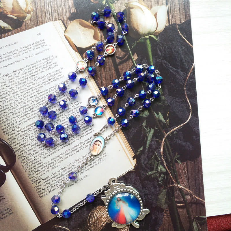 AMUSOUL Our Lady of Fátima & Sacred Heart of Jesus of 6 mm Polyhedron Blue Crystal Alloy Chain Rosary