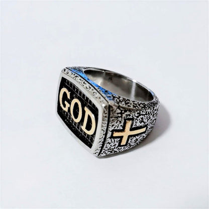 AMUSOUL Retro Heavy Style GOD Divine Devotion Pattern Alloy Ring(3 color)