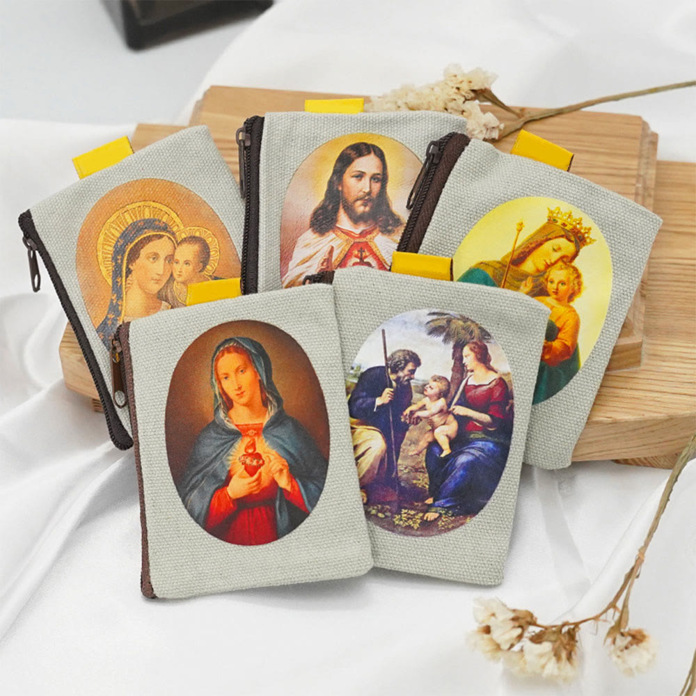 AMUSOUL Retro Classic Style Jesus & Our Lady Colorful Holy Saint Icon Jewelry Pouches Storage Bag
