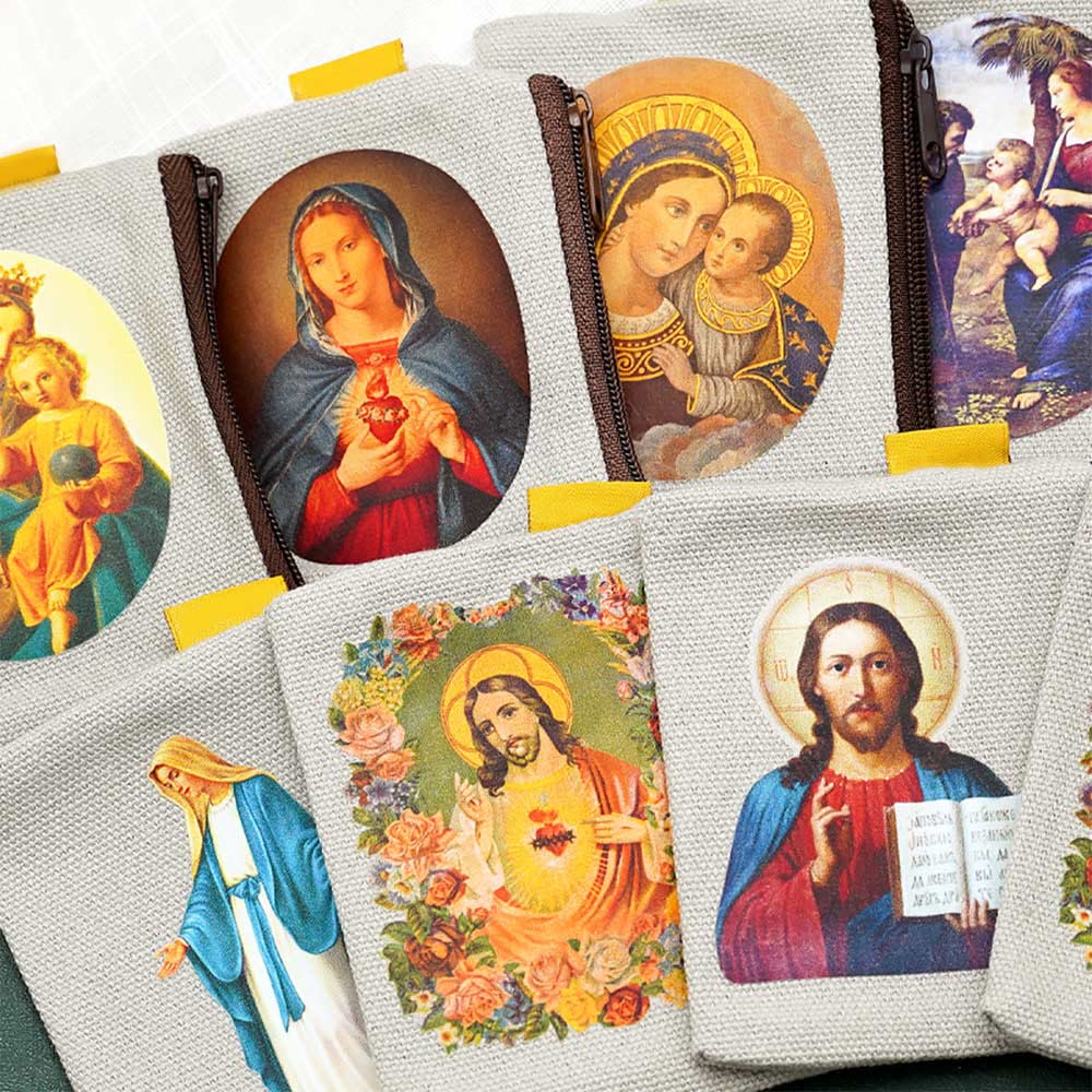 AMUSOUL Retro Classic Style Jesus & Our Lady Colorful Holy Saint Icon Jewelry Pouches Storage Bag