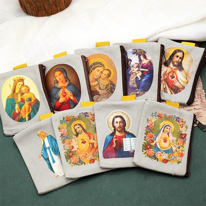 AMUSOUL Retro Classic Style Jesus & Our Lady Colorful Holy Saint Icon Jewelry Pouches Storage Bag