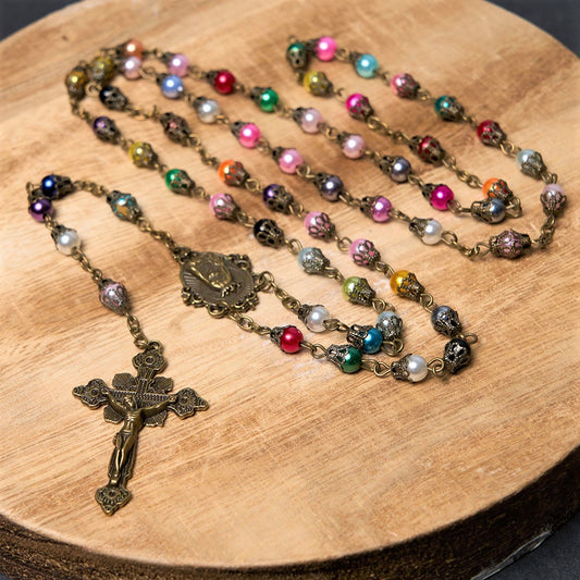 AMUSOUL Our Lady of Fátima & Crucifix of 6 mm Round Multicolor Acrylic Alloy Chain Rosary
