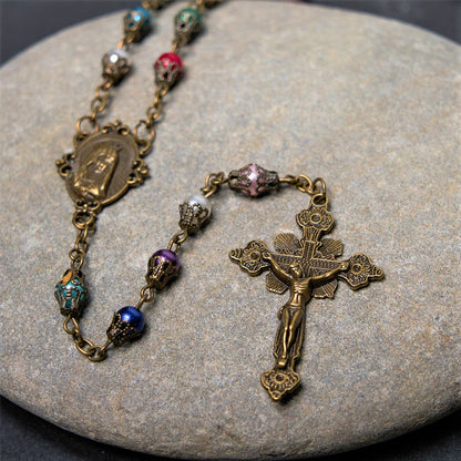 AMUSOUL Our Lady of Fátima & Crucifix of 6 mm Round Multicolor Acrylic Alloy Chain Rosary