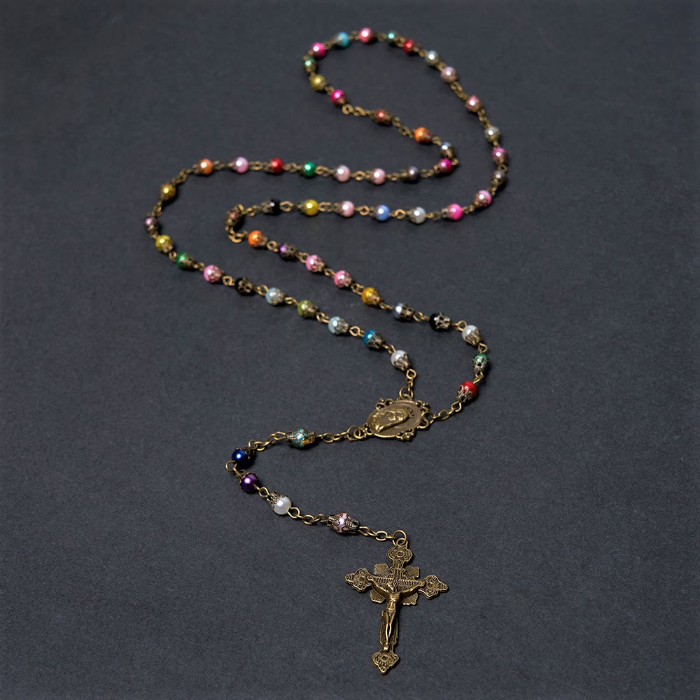 AMUSOUL Our Lady of Fátima & Crucifix of 6 mm Round Multicolor Acrylic Alloy Chain Rosary