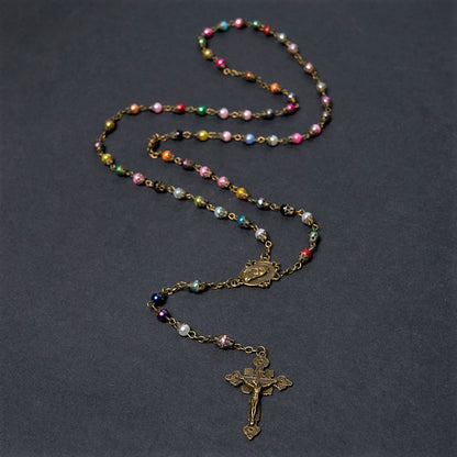 AMUSOUL Our Lady of Fátima & Crucifix of 6 mm Round Multicolor Acrylic Alloy Chain Rosary
