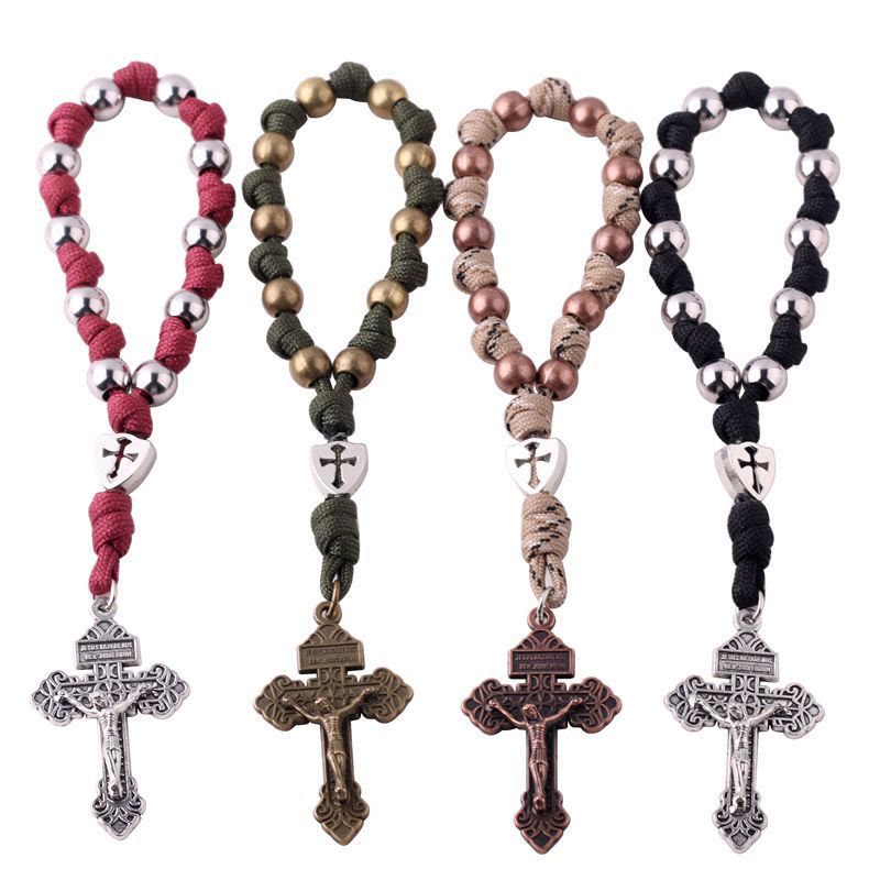AMUSOUL 4 Colors Paracord Handcrafted Pocket Rosary/Car Protection Hanging Pendant