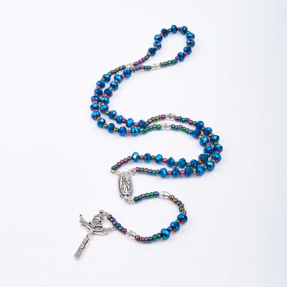 AMUSOUL Our Lady of Guadalupe & Trinity Cross of 4*6 mm Polyhedron Blue Crystal Nylon Cord Rosary