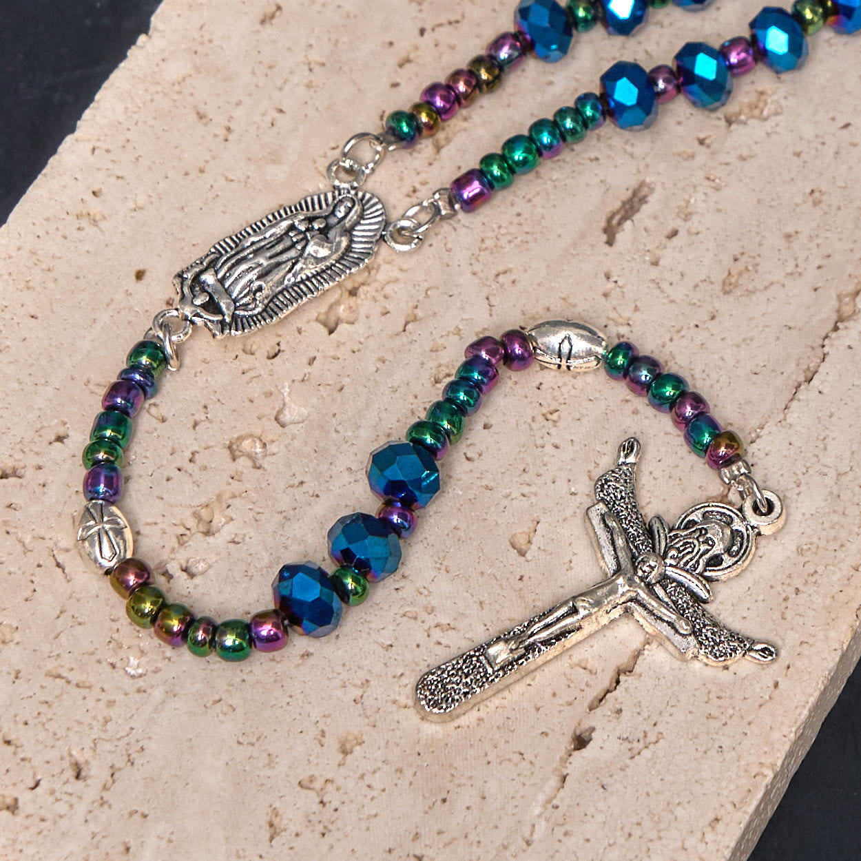 AMUSOUL Our Lady of Guadalupe & Trinity Cross of 4*6 mm Polyhedron Blue Crystal Nylon Cord Rosary