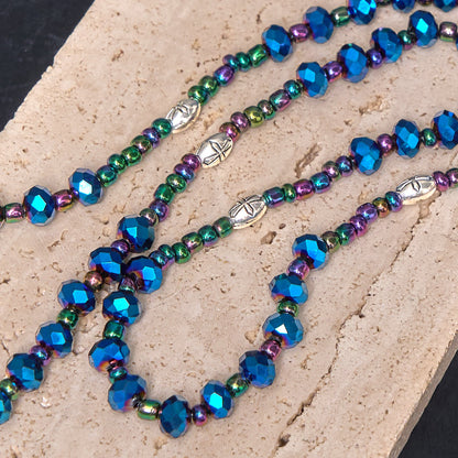 AMUSOUL Our Lady of Guadalupe & Trinity Cross of 4*6 mm Polyhedron Blue Crystal Nylon Cord Rosary