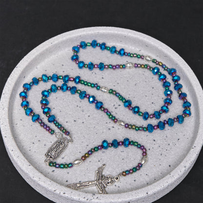 AMUSOUL Our Lady of Guadalupe & Trinity Cross of 4*6 mm Polyhedron Blue Crystal Nylon Cord Rosary