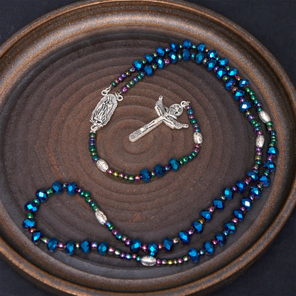 AMUSOUL Our Lady of Guadalupe & Trinity Cross of 4*6 mm Polyhedron Blue Crystal Nylon Cord Rosary