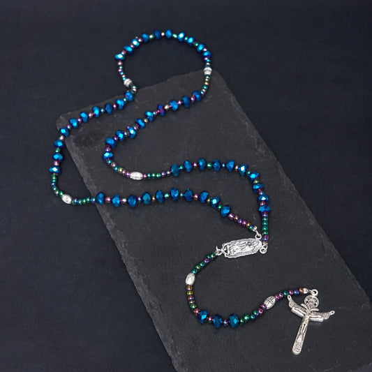 AMUSOUL Our Lady of Guadalupe & Trinity Cross of 4*6 mm Polyhedron Blue Crystal Nylon Cord Rosary