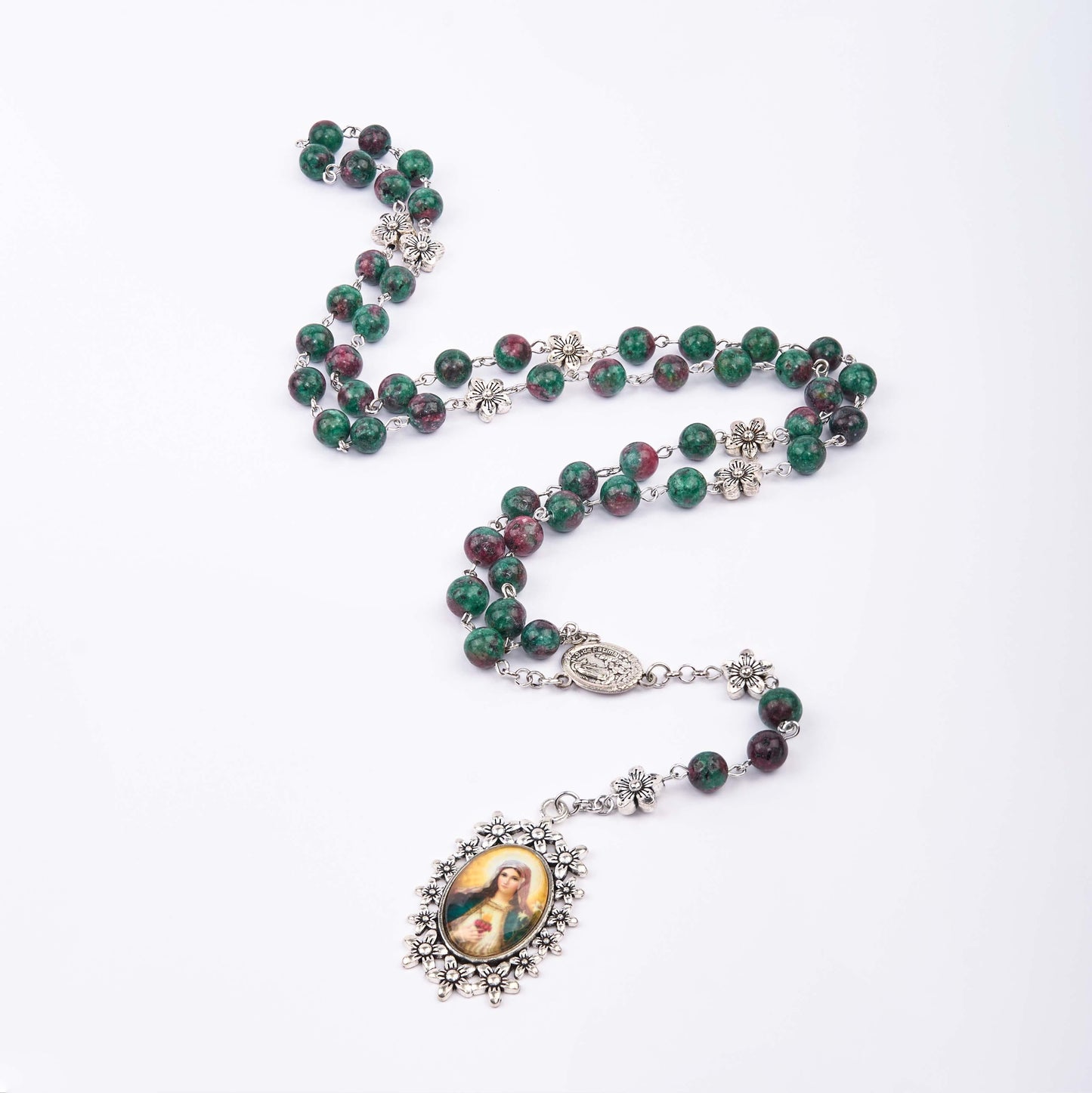 AMUSOUL Our Lady of Fátima & Immaculate Heart of Mary of 8 mm Round Green Natural Stone Alloy Chain Rosary