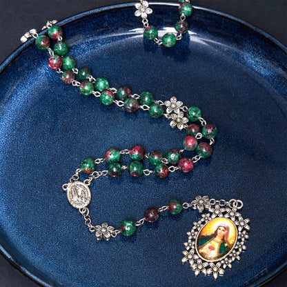 AMUSOUL Our Lady of Fátima & Immaculate Heart of Mary of 8 mm Round Green Natural Stone Alloy Chain Rosary