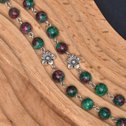 AMUSOUL Our Lady of Fátima & Immaculate Heart of Mary of 8 mm Round Green Natural Stone Alloy Chain Rosary