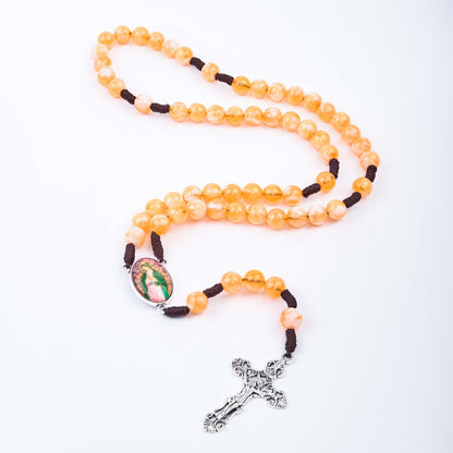AMUSOUL Our Lady of Guadalupe & Crucifix of 10 mm Round Orange Acrylic Nylon Cord Rosary