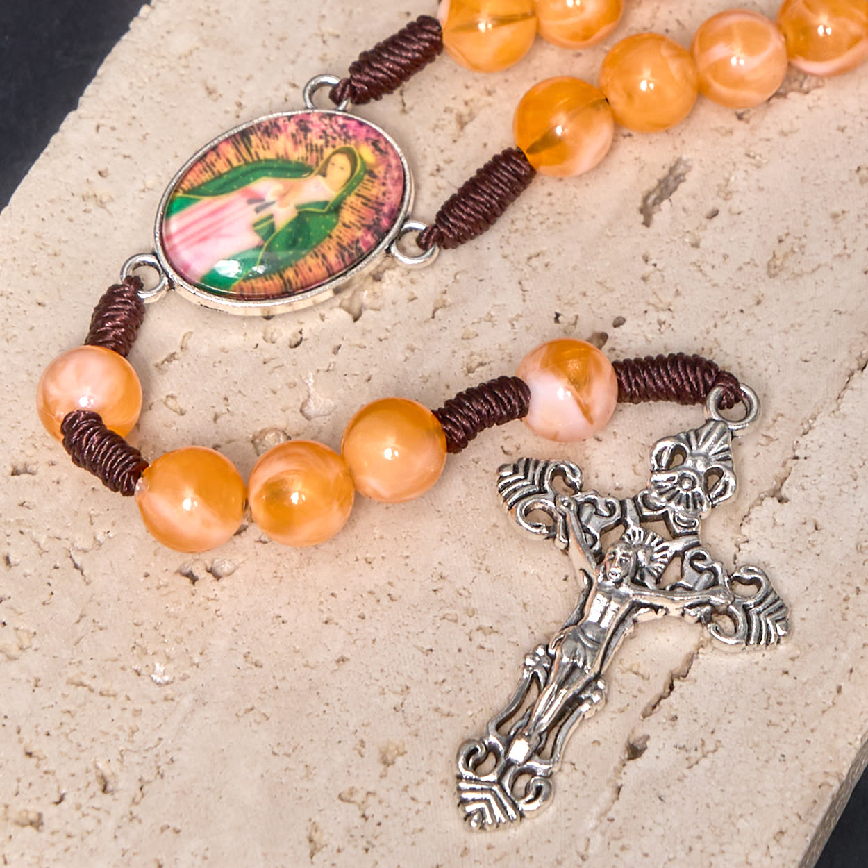 AMUSOUL Our Lady of Guadalupe & Crucifix of 10 mm Round Orange Acrylic Nylon Cord Rosary