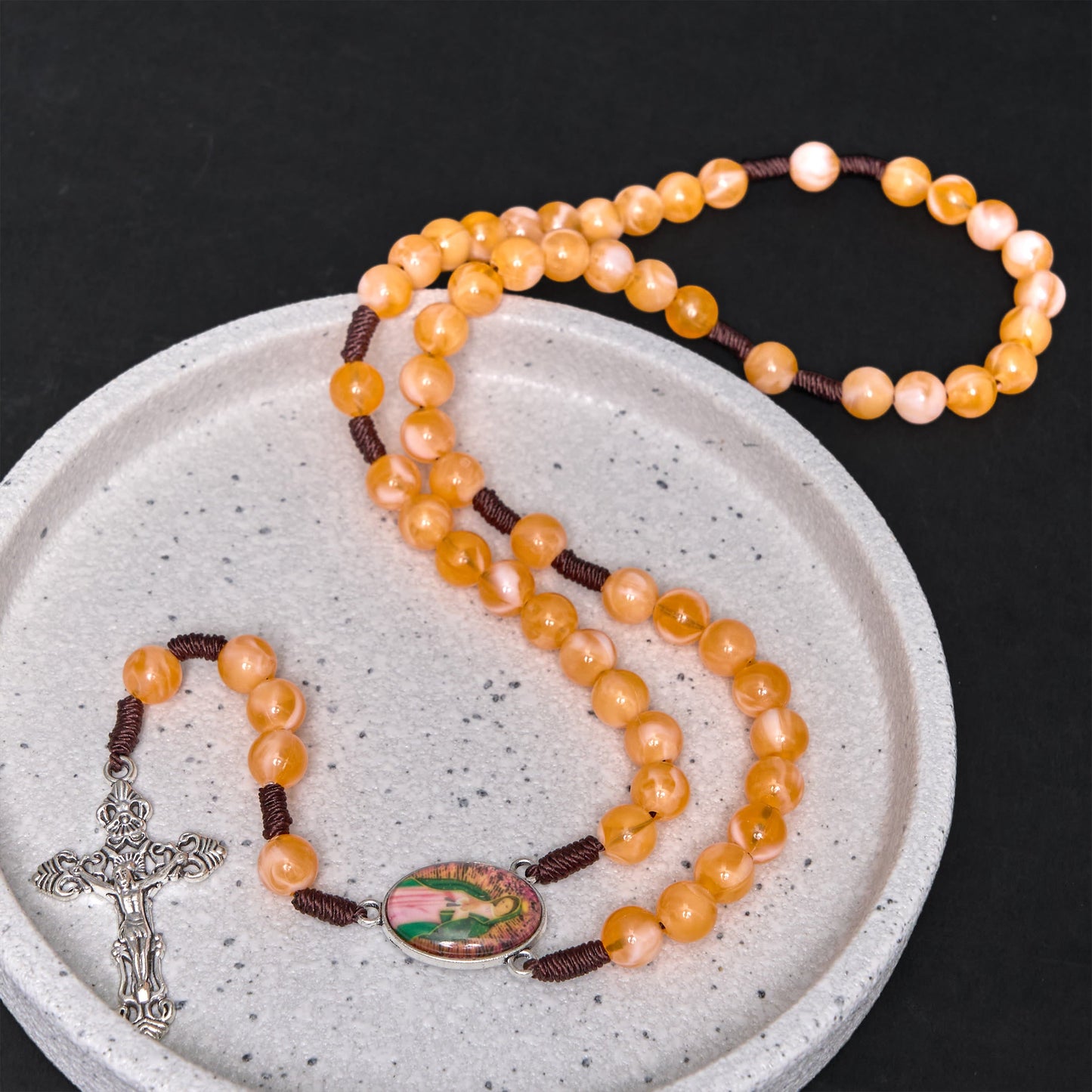 AMUSOUL Our Lady of Guadalupe & Crucifix of 10 mm Round Orange Acrylic Nylon Cord Rosary