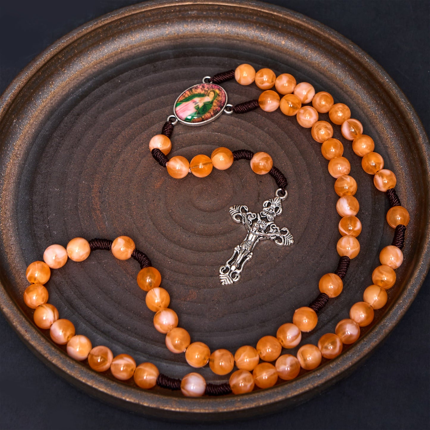 AMUSOUL Our Lady of Guadalupe & Crucifix of 10 mm Round Orange Acrylic Nylon Cord Rosary