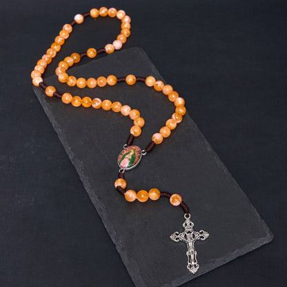 AMUSOUL Our Lady of Guadalupe & Crucifix of 10 mm Round Orange Acrylic Nylon Cord Rosary