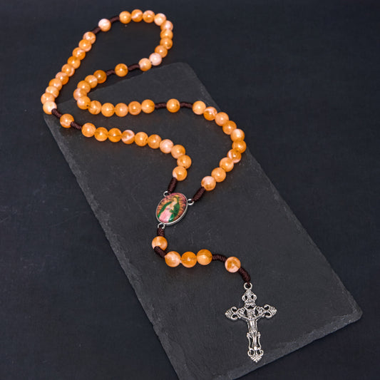 AMUSOUL Our Lady of Guadalupe & Crucifix of 10 mm Round Orange Acrylic Nylon Cord Rosary